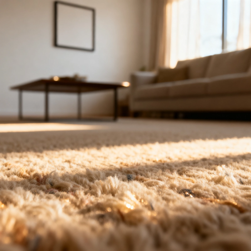 Cozy living room with beige carpet and sunlight,, modern