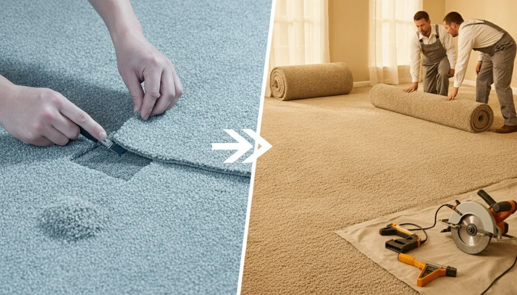 Carpet repair patch beside professional carpet replacement with tools and installers.