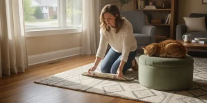 Area rug in a living room being inspected for a pet-related spot