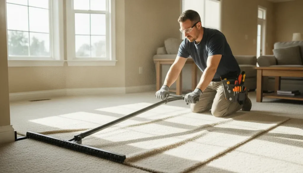 Professional carpet technician using a power stretcher on rippled carpet