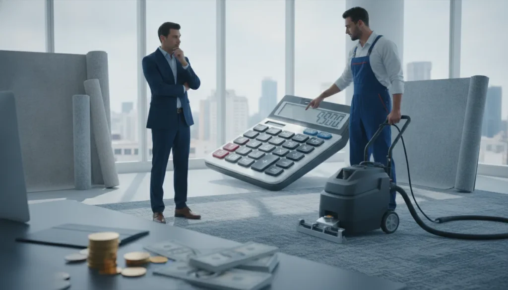 Commercial carpet cleaning professional reviews costs with equipment and a calculator in an office.