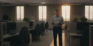 Business owner reviewing an office carpet cleaning preparation checklist after work