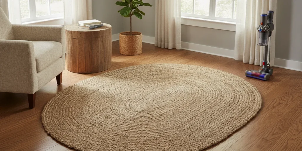 Natural jute area rug being gently vacuumed in a bright living room