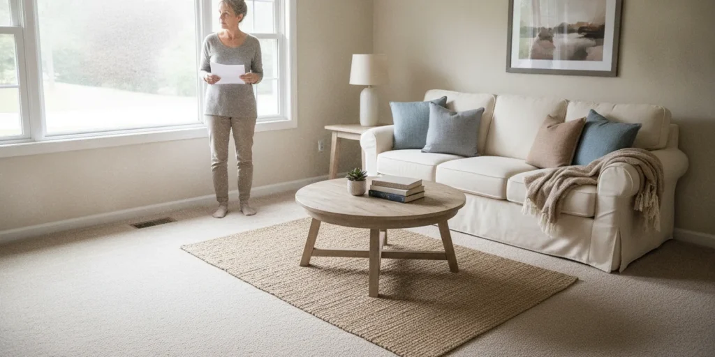 Bright, tidy living room with freshly cleaned neutral carpet staged for a home sale